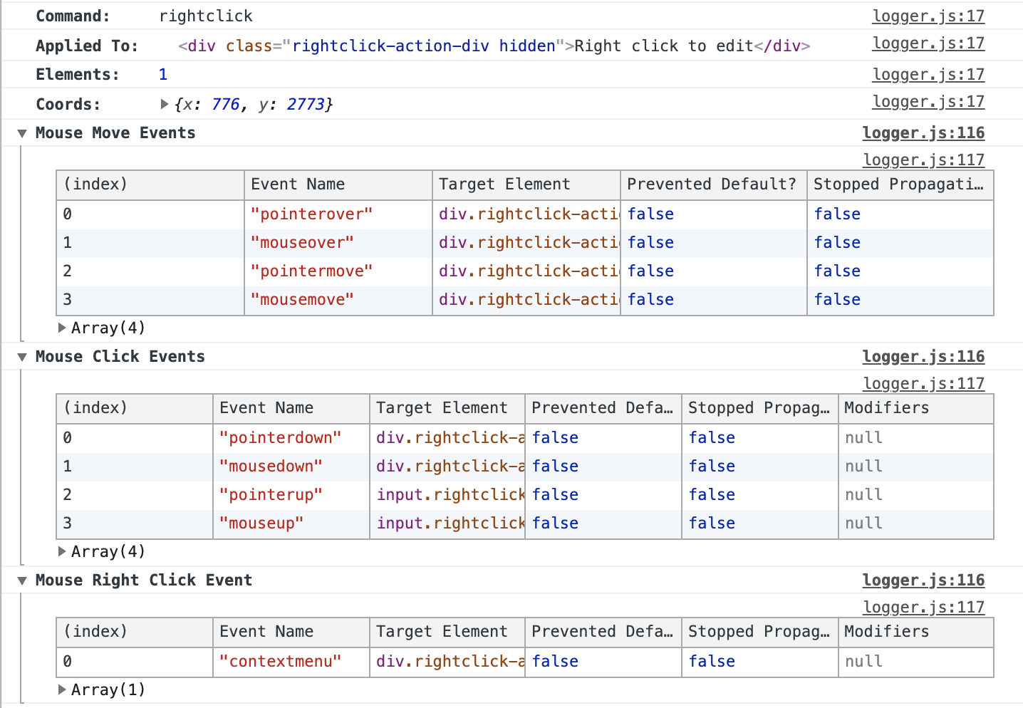 console.log for right click